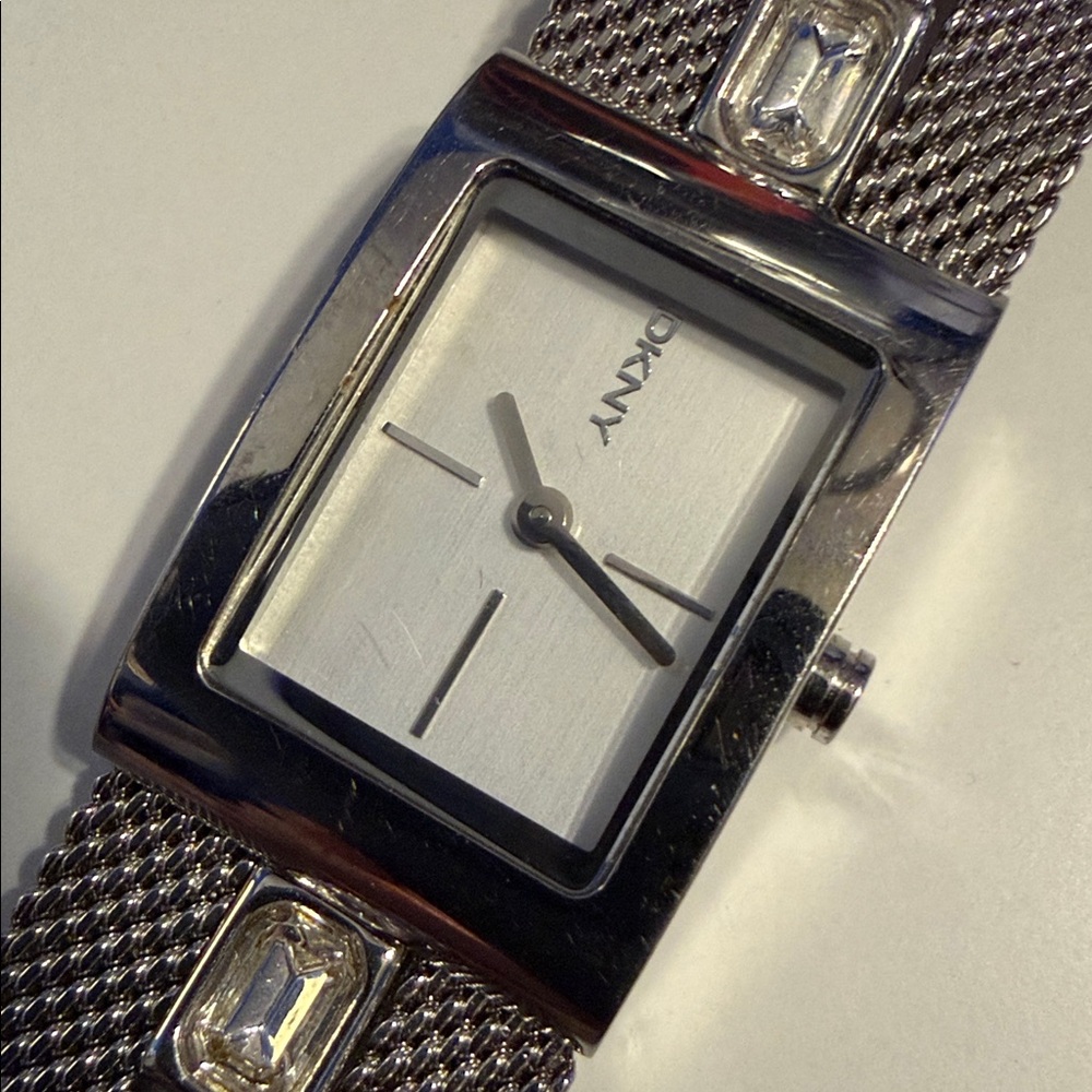DKNY Silver Mesh Bracelet Watch ~ Vintage Rectangular Face ~ EUC ~ Needs Battery